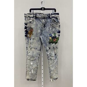 CivilizeD Mens 40x32 Jeans Embroidered Design Light Denim Printed Graphic Pant